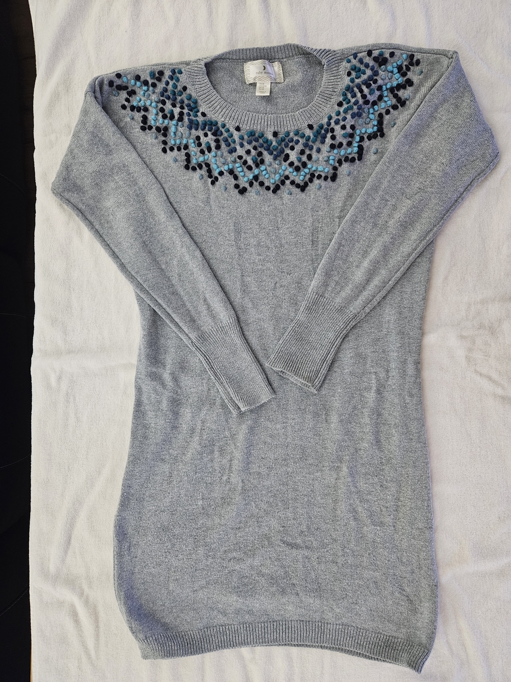Ruby Moon Grey Knit Long Sleeve Sweater Dress Pom Pom Embellished Size M